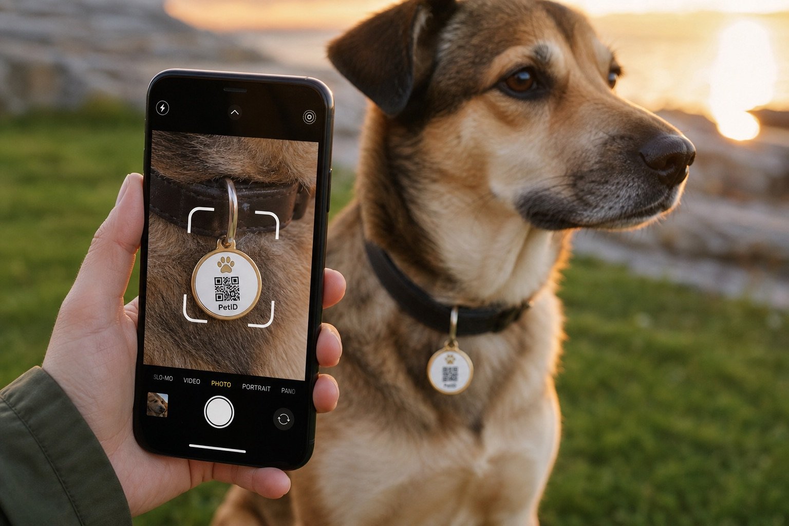 Someone scanning the PetID QR tag on a dog collar with a phone