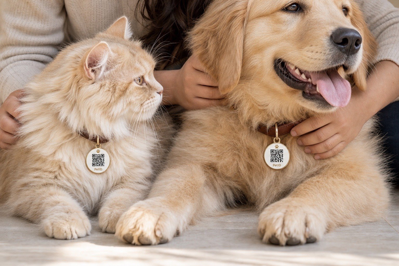 Dog and cat wearing PetID gold QR collar tags